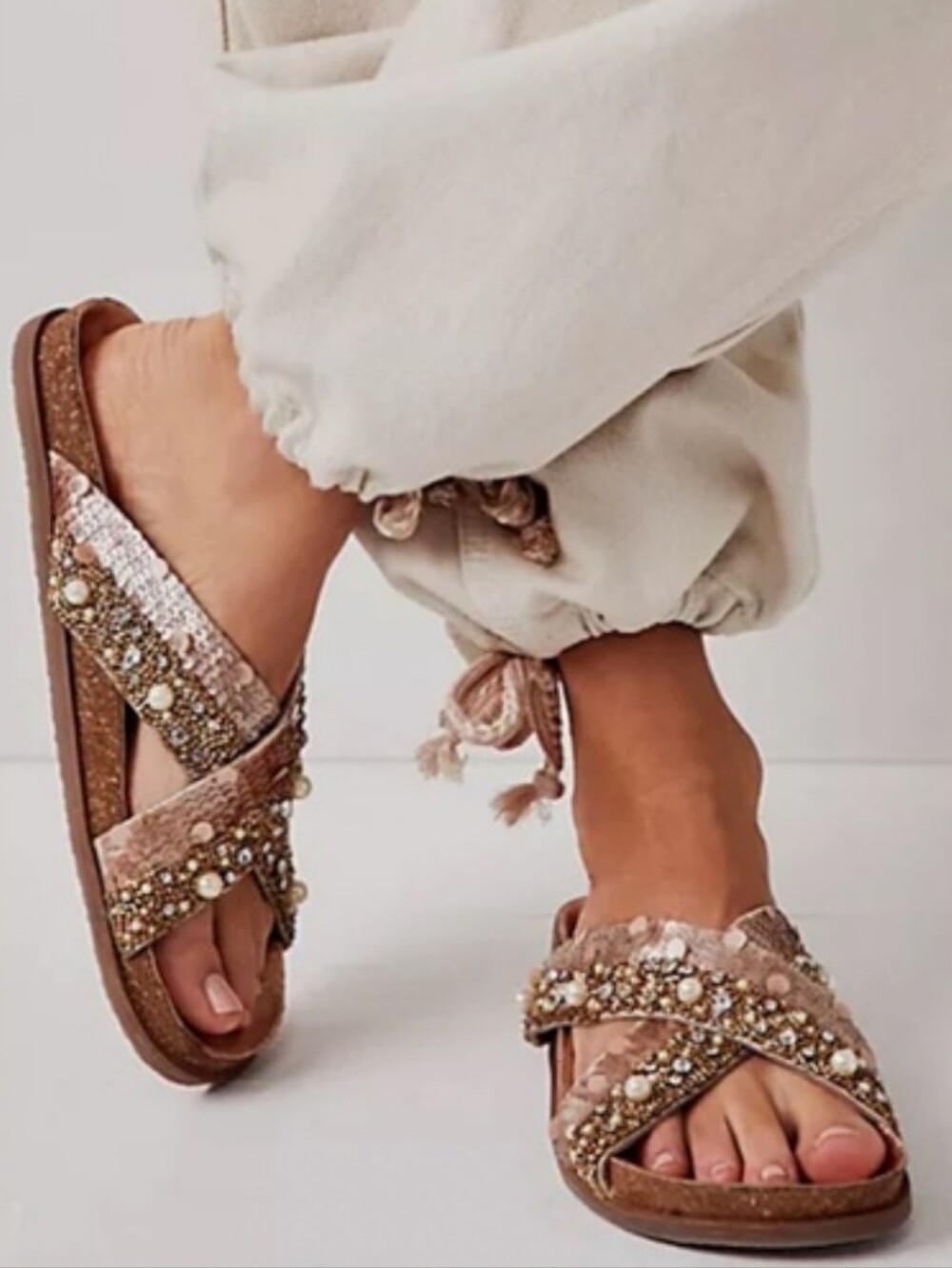 Free People Moon Child Embellished Rose Gold Slide Sandals 37 Sequin Pearl